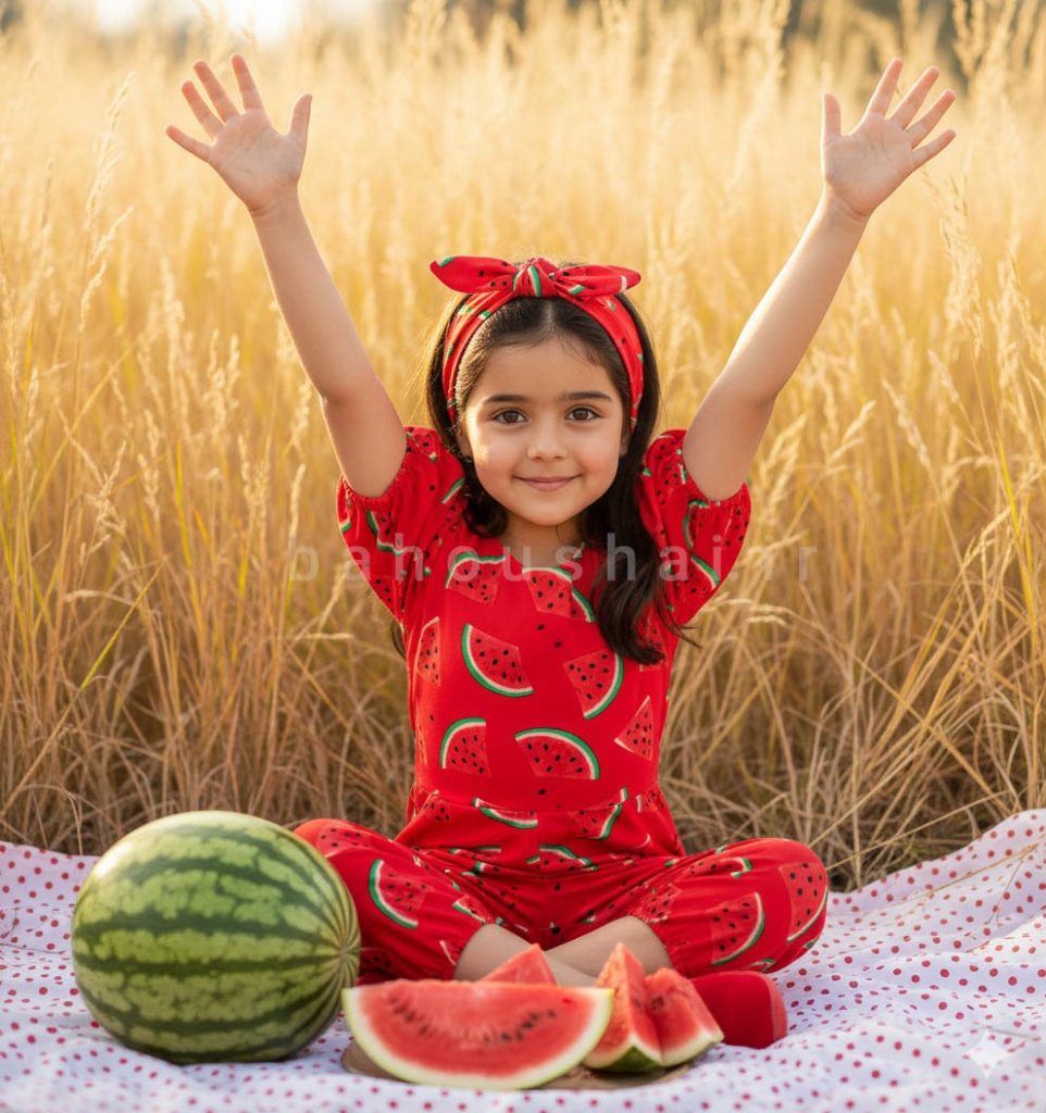 عکس یلدا دختربچه با لباس یلدایی و دستان باز در طبیعت