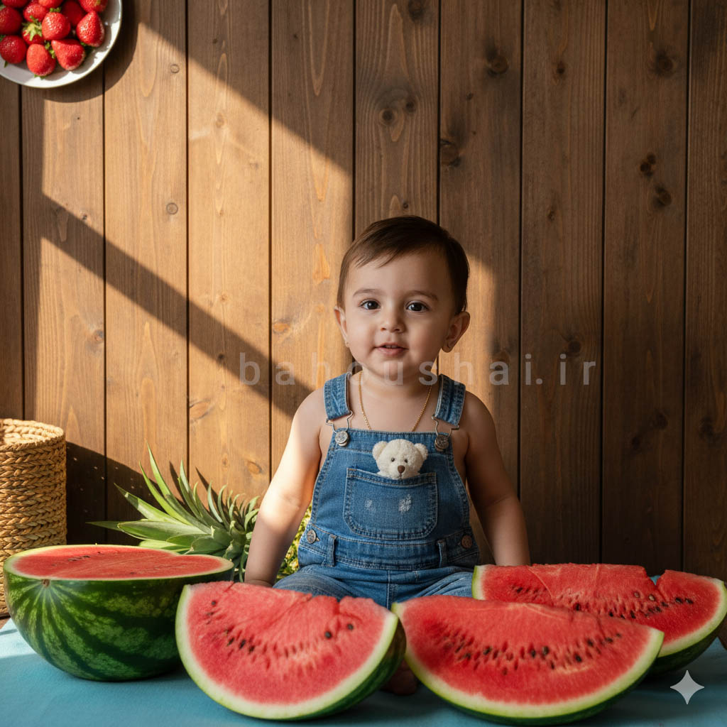 عکس یلدایی پسربچه با دیوار چوبی و هندوانه ها