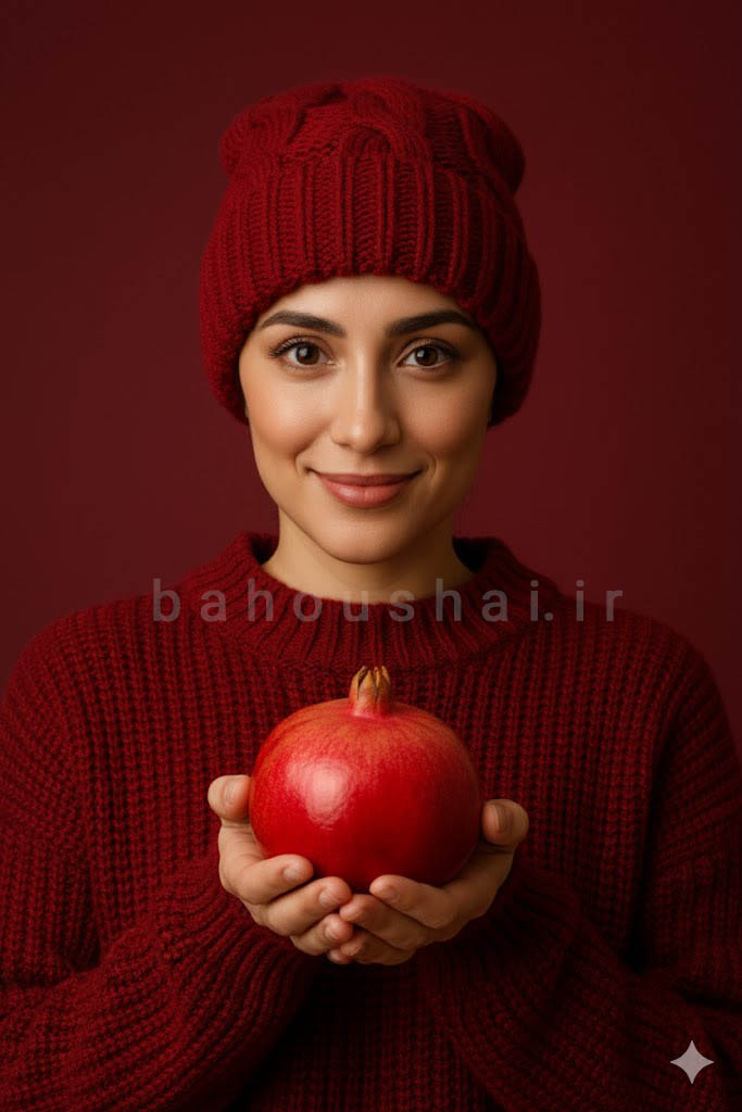 تصویر زن با لباس یلدا و انار درشت در دست
