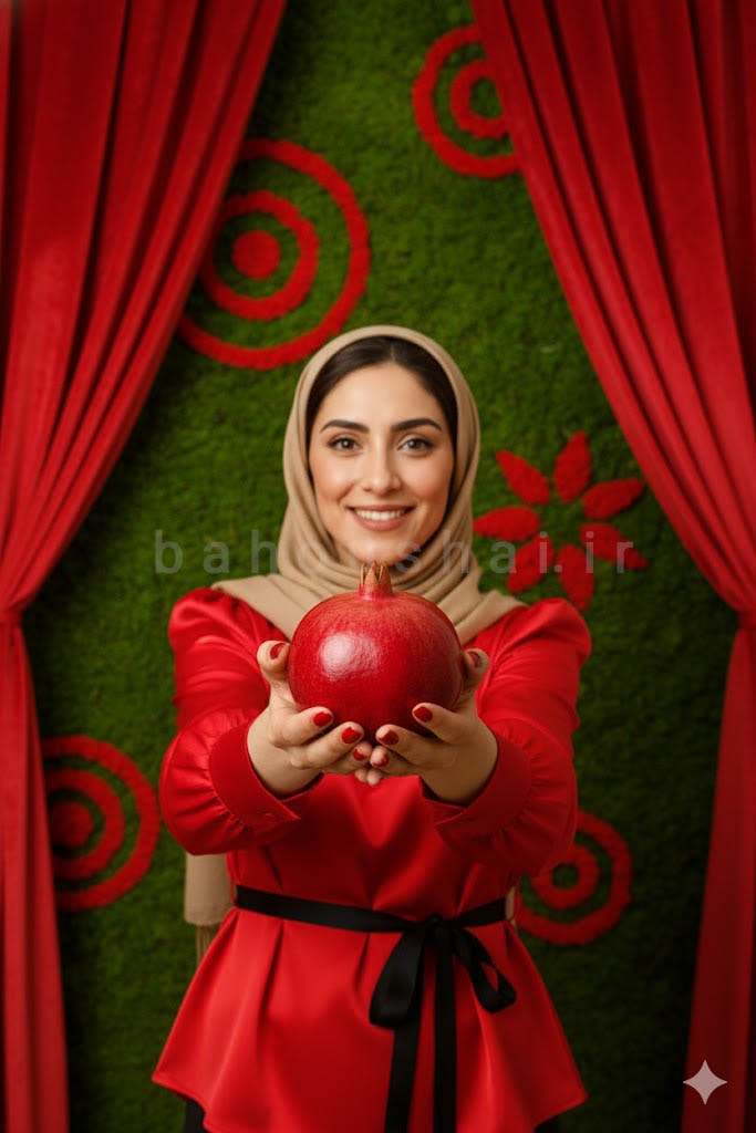 عکس یلدایی یک خانم با نمایش انار به دوربین