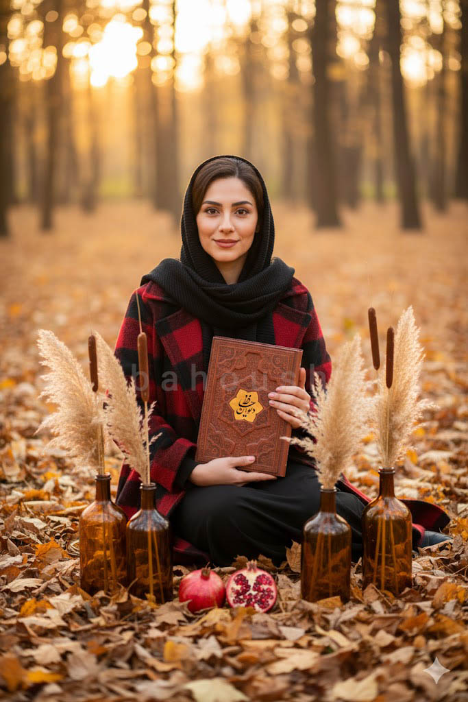 عکس یلدا زن ایرانی با لباس قرمز و شیشه های رنگی در دل طبیعت
