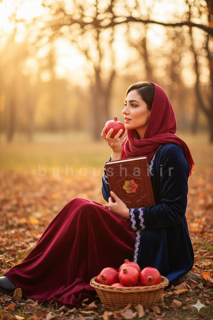 عکس یلدایی زیبای یک خانم با دیوان حافظ و انار در دست