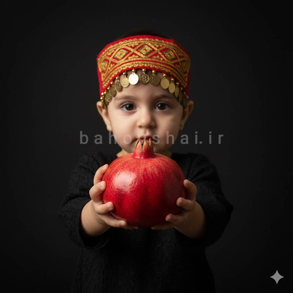 عکس یلدایی پسربچه انار به دست با کلاه محلی سکه دار