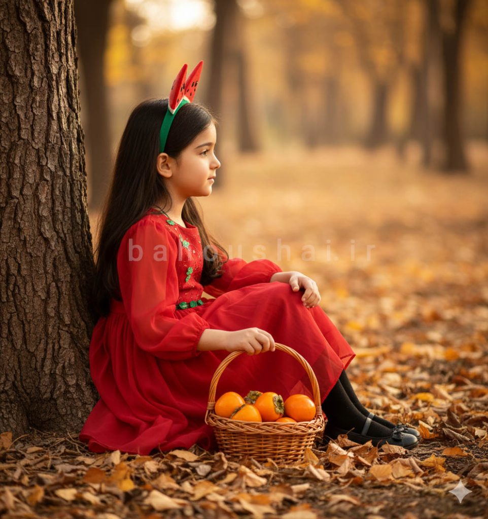 عکاسی یلدایی نیم رخ دختر با سبد خرمالو