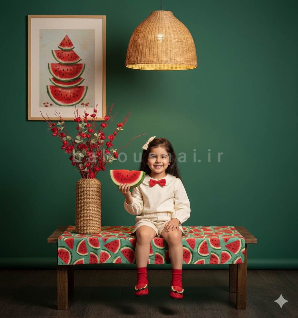 عکس یلدا دختربچه قاچ هندوانه به دست روی میز
