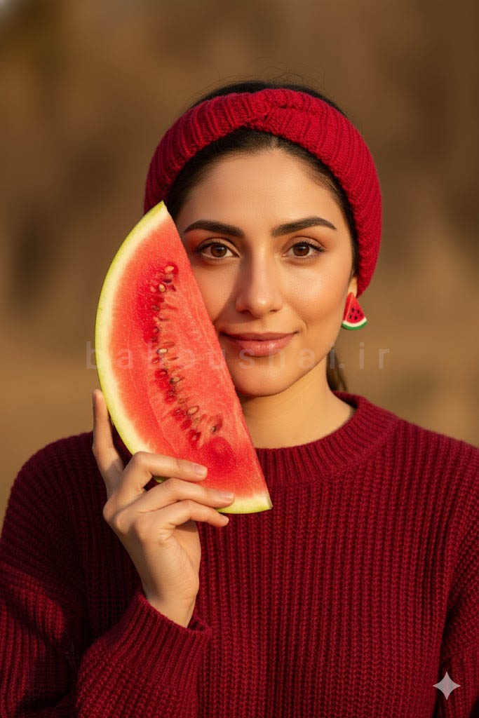 تصویر زن با لباس یلدا و قاچ هندوانه در جلوی صورت
