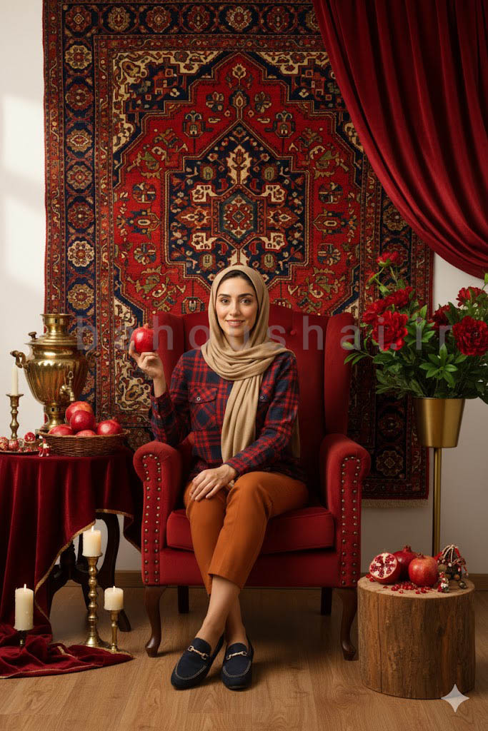 عکس یلدا یک خانم روی مبل قرمز با بک گراند فرش ایرانی