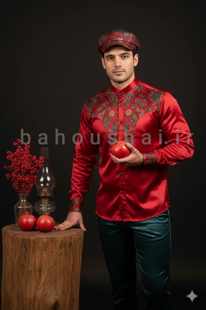 عکس پرتره استودیویی فردی با لباس ساتن قرمز و سبز و کلاه یلدایی