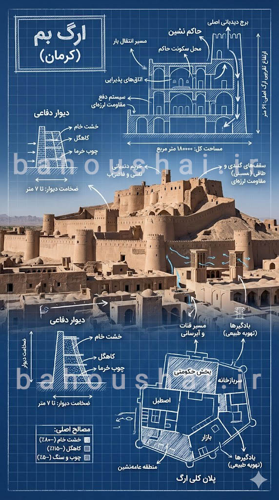ساخت اینفوگرافیک معماری ارگ بم کرمان با هوش مصنوعی