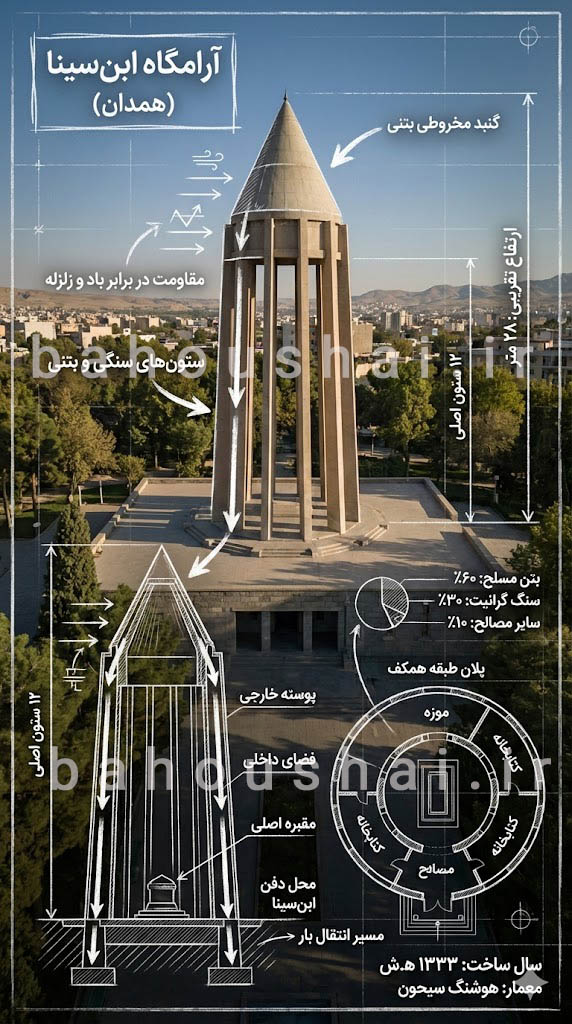 ساخت اینفوگرافیک معماری آرامگاه ابوعلی سینای همدان با هوش مصنوعی