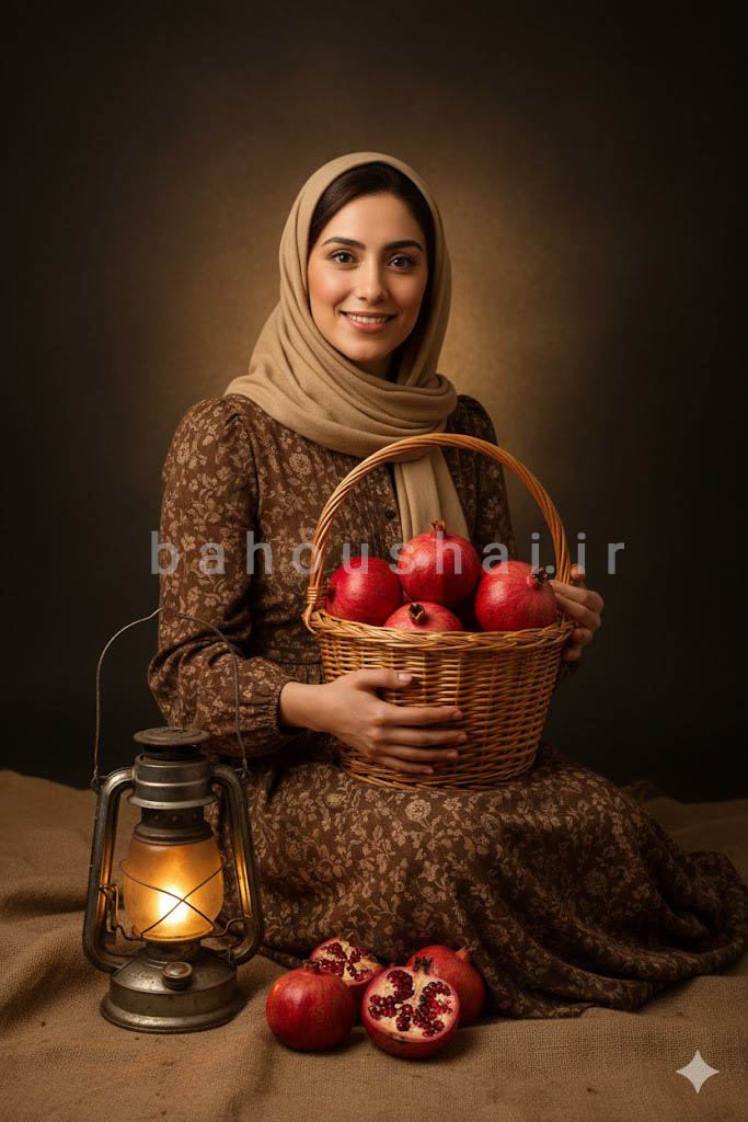 عکس یلدایی زن با لباس سنتی قهوه‌ای و سبد انار در نور چراغ قدیمی