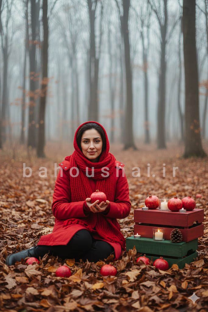 عکس یلدایی زن در جنگل پاییزی با پالتو قرمز و انار