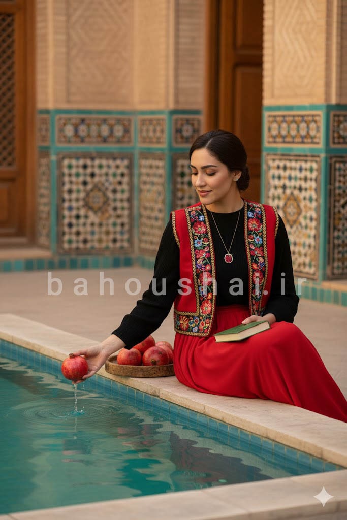 عکس یلدایی زن کنار حوض سنتی با جلیقه گل‌دار