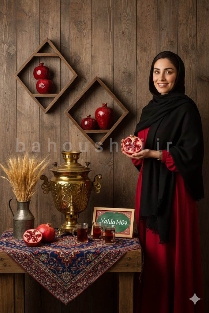 پرتره یلدایی زن در دکور چوبی سنتی و قاب یلدا مبارک