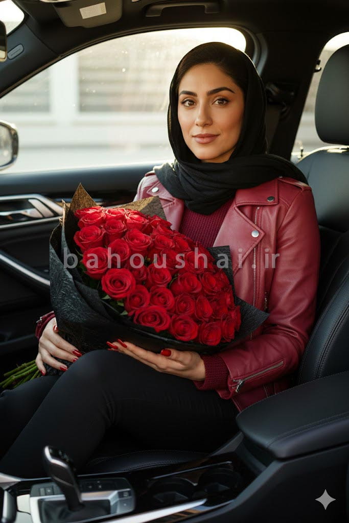 تصویر خانمی با کت چرمی کوتاه به رنگ تمشکی به تن یک دستهگل قرمز رز به دست در جشن ولنتاین
