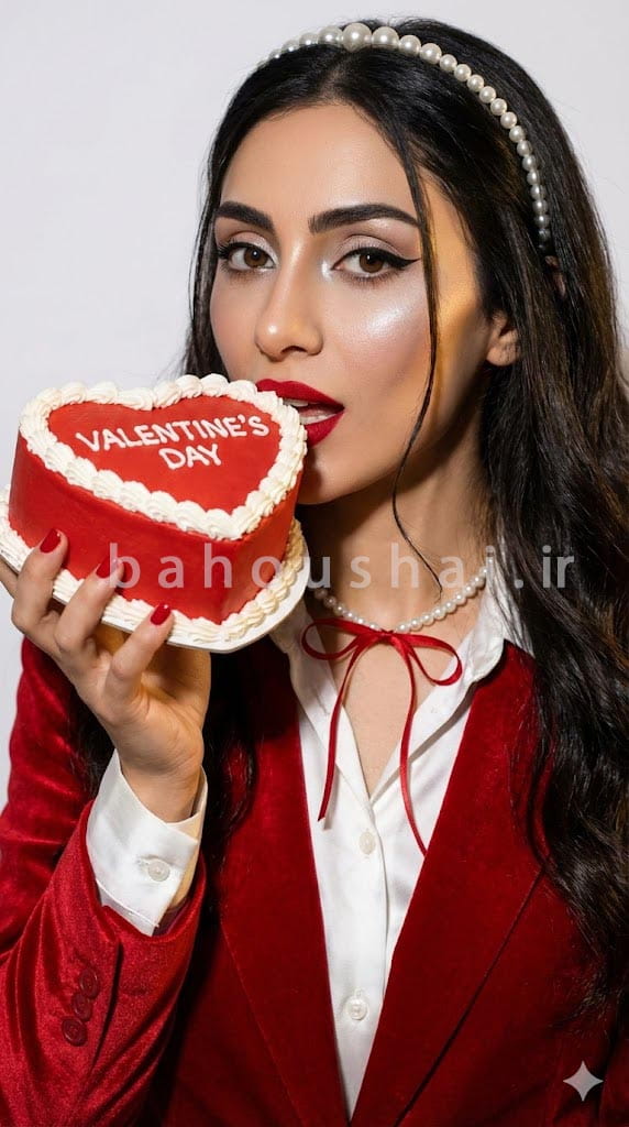 تصویر زنی که یک کیک قلبی شکل با لبههای سفید و نوشتهی «VALENTINE’s DAY» را به سمت دوربین گرفته و در حال نزدیک کردن آن برای گاز زدن