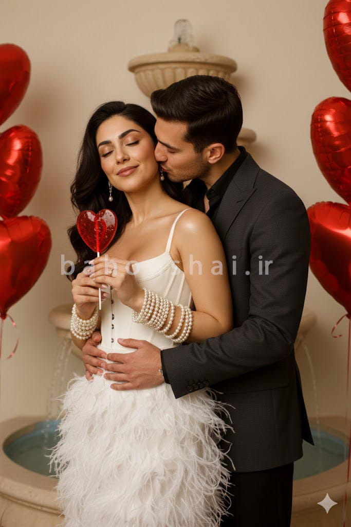 Romantic image of a couple where the man, who is one head taller, holds the woman's waist and hugs her neck with his eyes closed on Valentine's Day