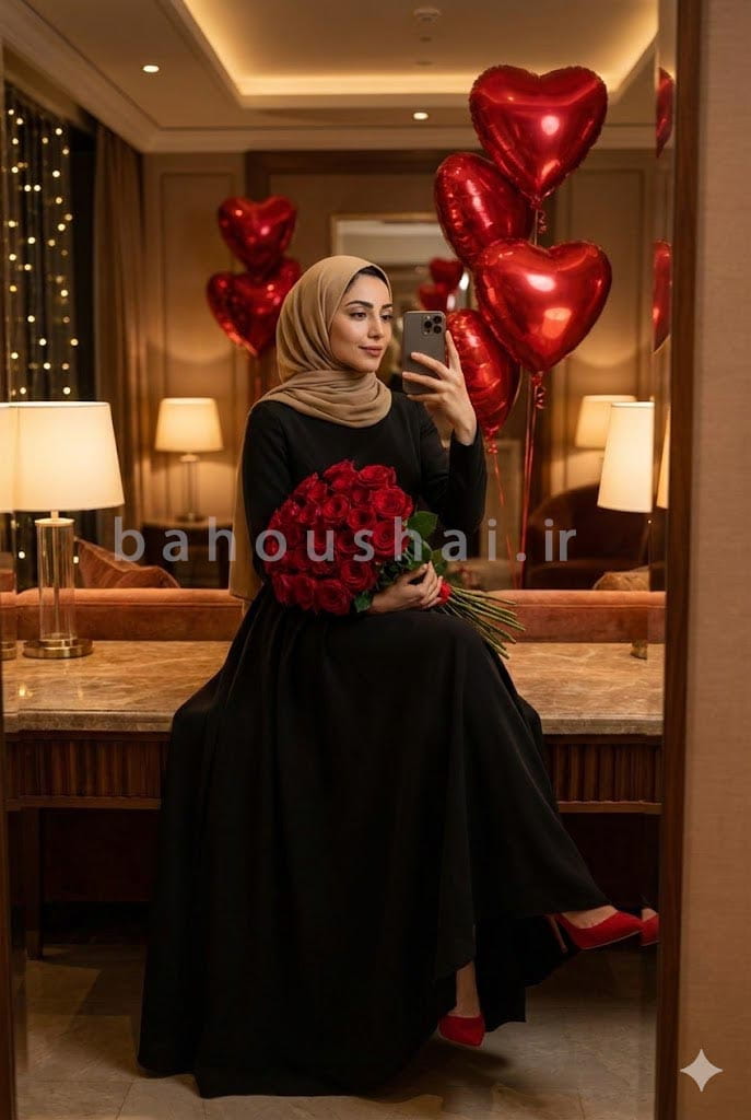تصویر خانمی با پیراهن مشکی بلند یک دسته کل رز قرمز به دست نشسته رو کانتر در جشن ولنتاین