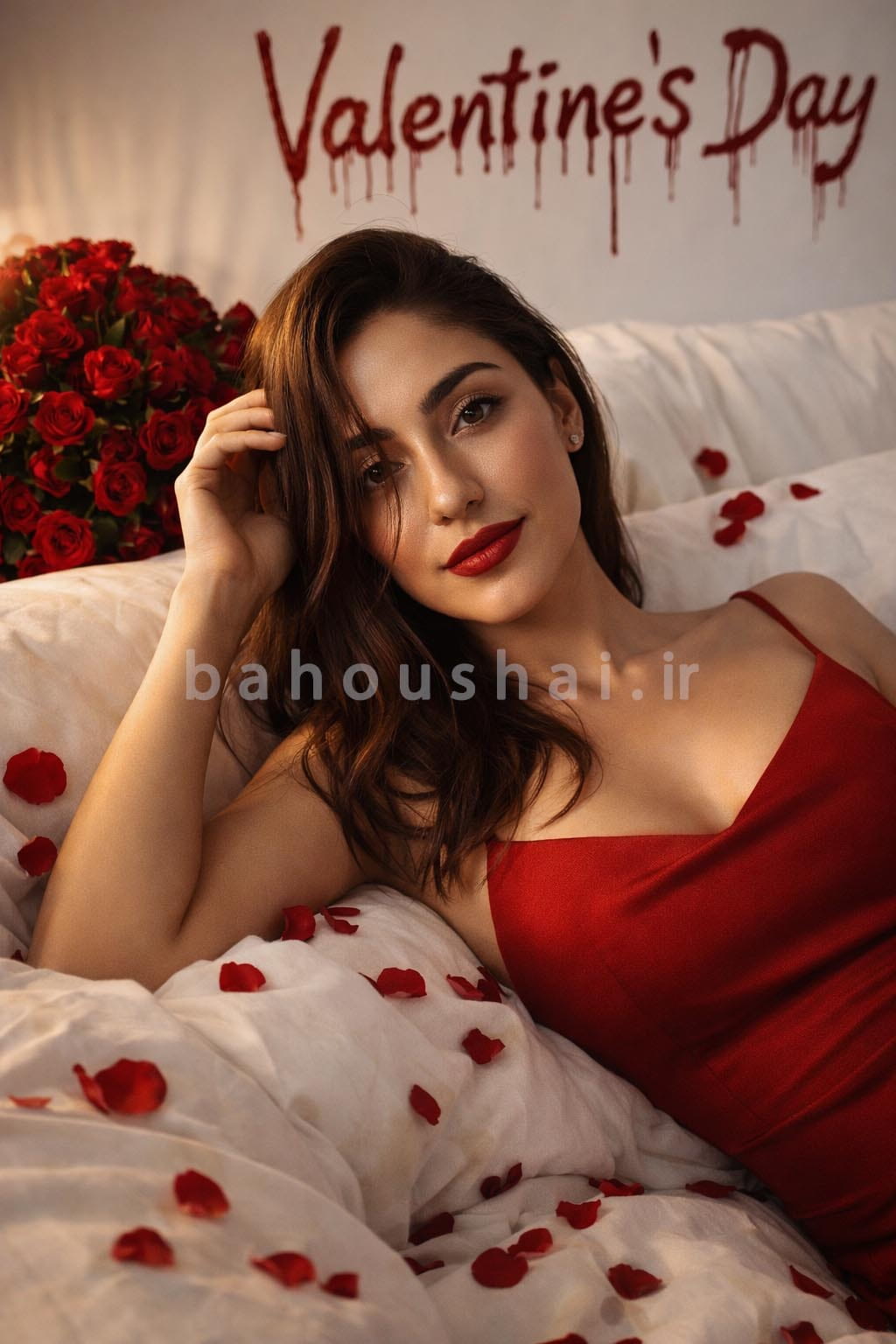 خانمی با پیراهن قرمز جذب روی کاناپه پارچهای سفید که با گلبرگ رز قرمز پوشیده دراز کشیده پس زمینه تصویر روی دیوار نوشته Valentine’s Day