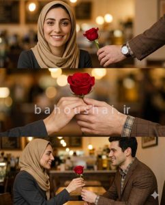 تصویر زوج در حالی گل رز در دست دارند، در جشن ولنتاین