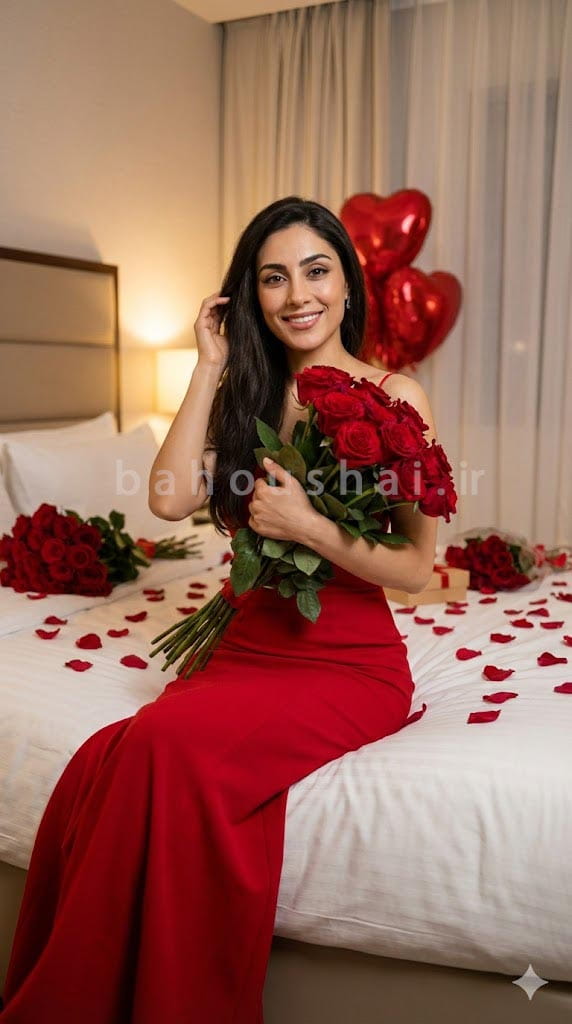 تصویر زنی با لباس شب قرمز بلند به تن یک دستهگل بزرگ رز قرمز را به سینهاش چسبانده در اتاق خواب در جشن ولنتاین