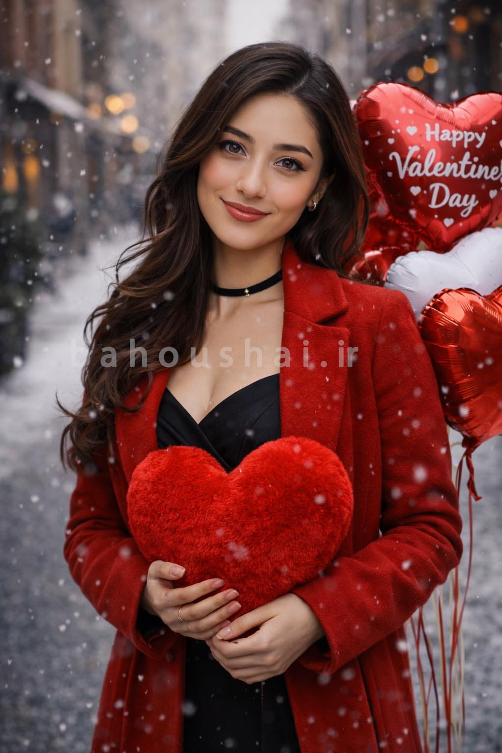 تصویر زنی با پالتوی قرمز در کنار بادکنکهای هلیومی قلبیشکل قرمز و سفید با نوشتهی «Happy Valentine’s Day»
