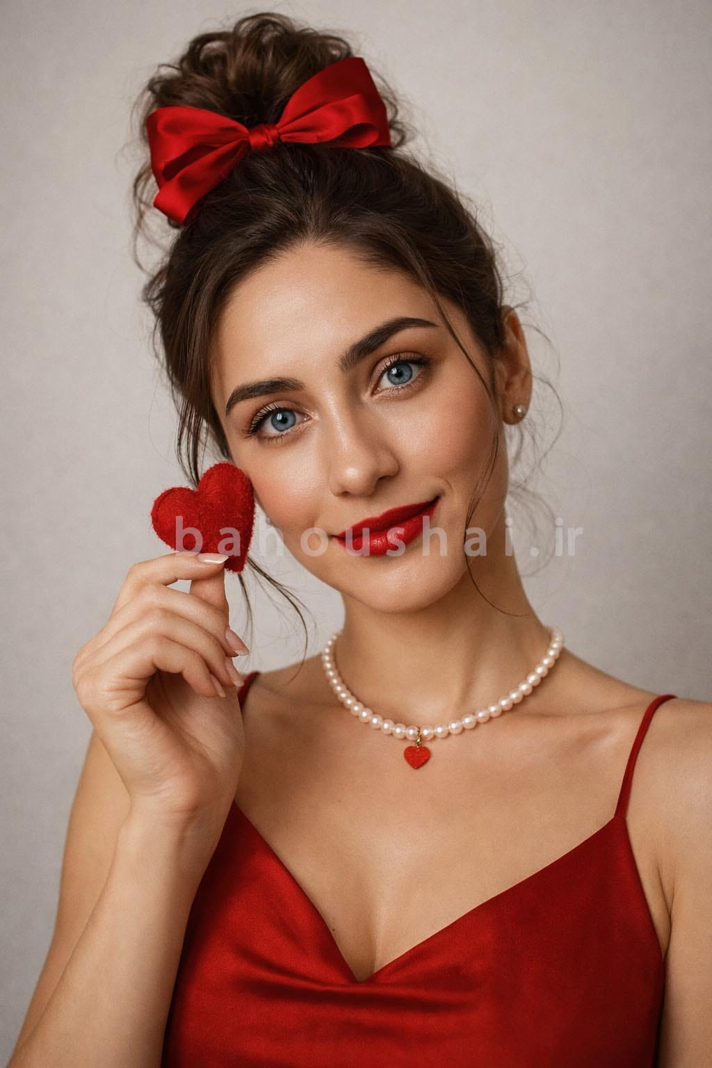 تصویر خانمی با موهای تیره به شکل شنیون و یک پاپیون بزرگ ساتن قرمز در موهایش در حال جشن گرفتن در روز ولنتاین