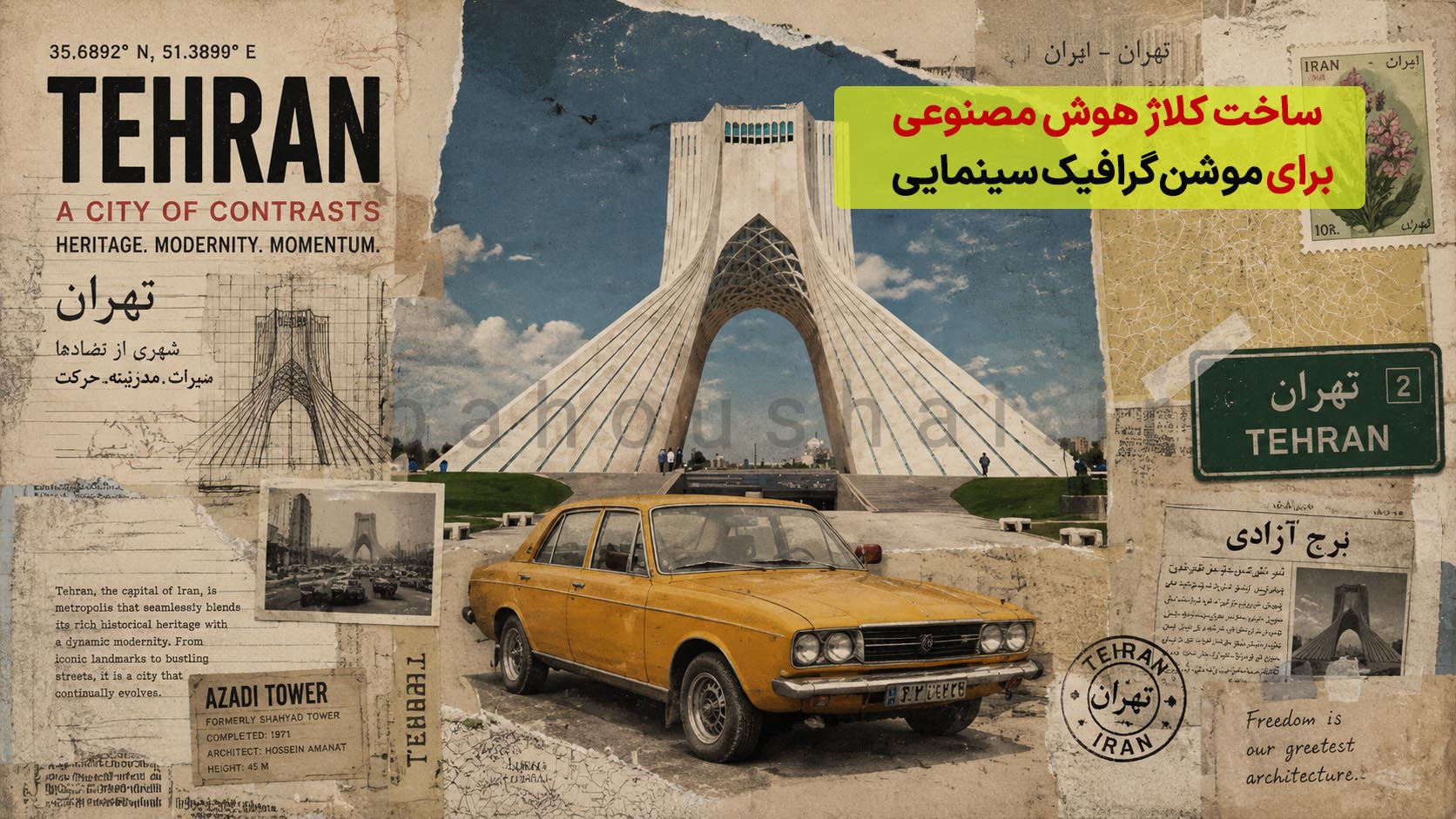 ساخت کلاژ هوش مصنوعی برای موشن‌گرافیک برای شهر تهران و برج آزادی و ماشین پیکان قدیم