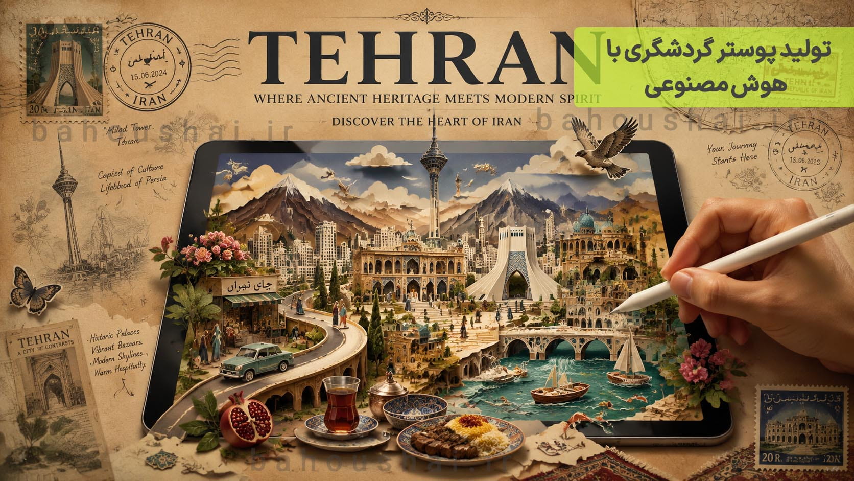 تولید پوستر گردشگری با هوش مصنوعی برای برج آزادی و میلاد تهران